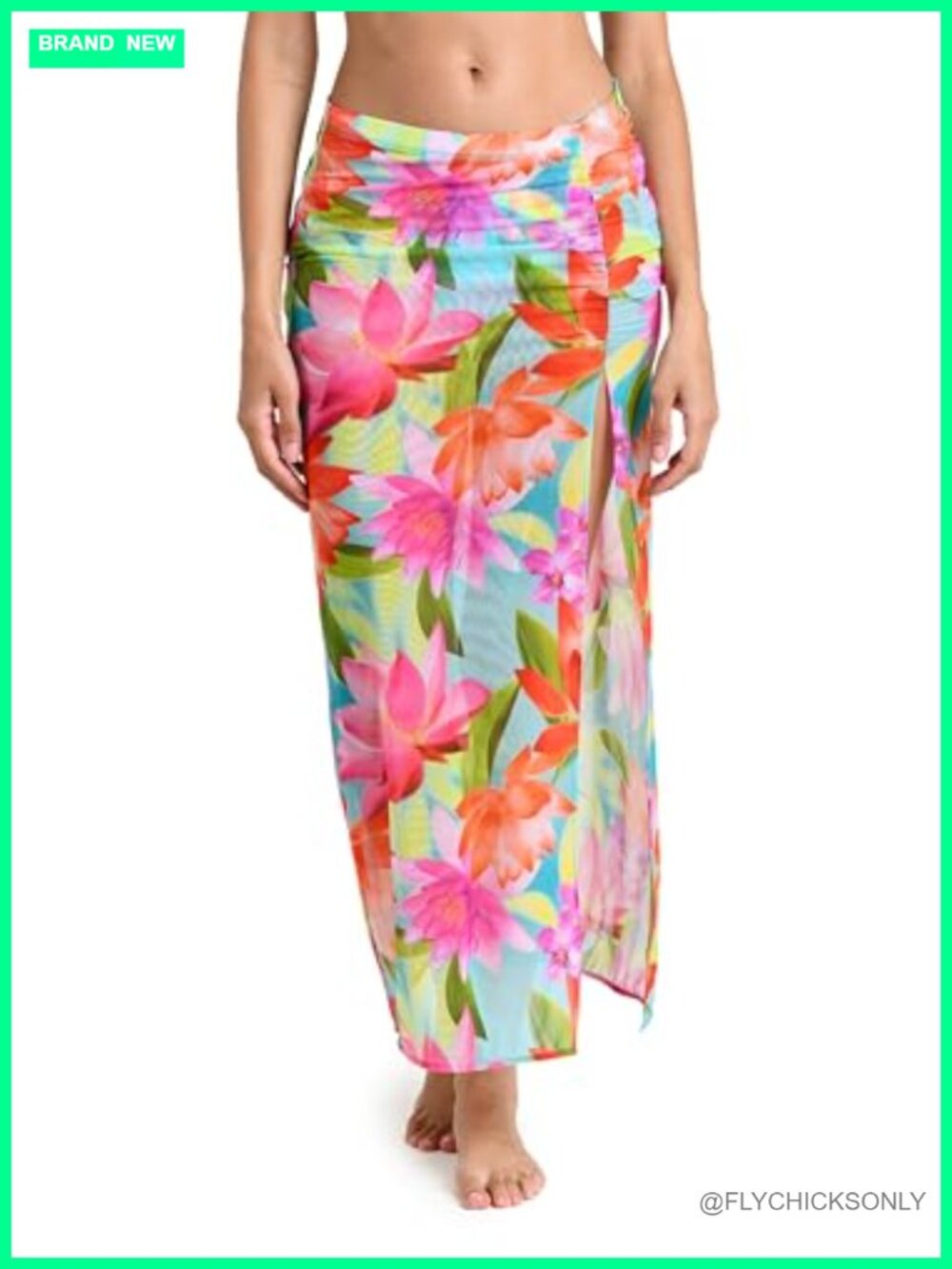 Maxi High Slit Ruched Swim Cover Up Skirt Nylon Blend Lightweight